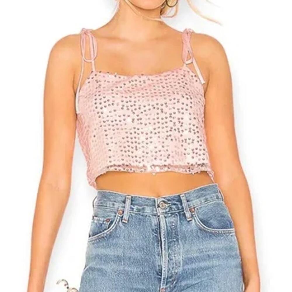 H:ours Revolve Kristen Sequin Crop Top S Ribbon Tie Shoulder Tank Pink Vegas Y2K